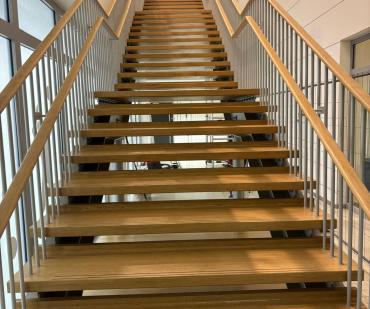 Vue depuis le bas d'un escalier rénové en parquet